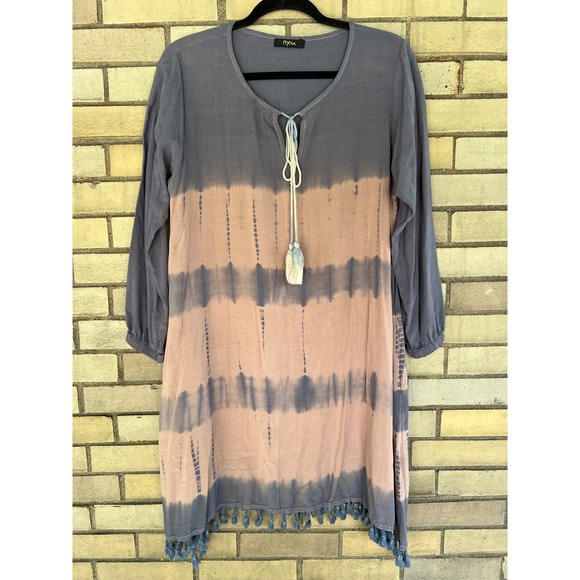 Hyena Dresses & Skirts - Hyena Tie Dye Tassel Trim Long Sleeve Dress Blue Tan Beachy Size Medium